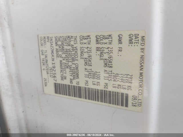 Nissan MURANO SL 2018 5N1AZ2MG4JN192567 Image 9