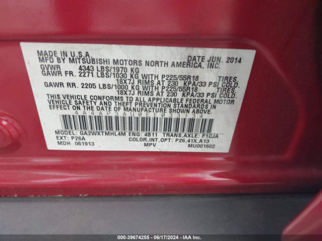 4A4AP3AU0EE033134 Mitsubishi Outlander Sport Es