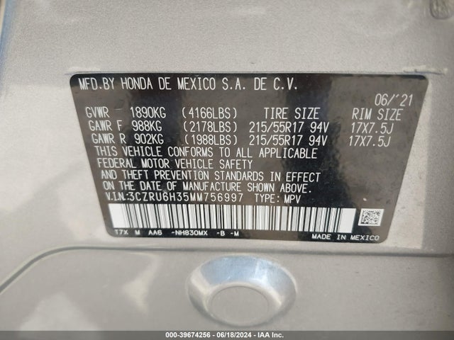 Honda Hr-v Awd Lx 2021 3CZRU6H35MM756997 Image 9