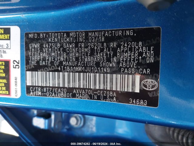 4T1B11HK1JU101149 Toyota CAMRY SE