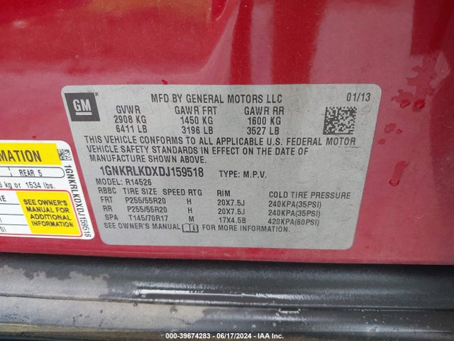 Aukcja sprzedaży 2013 Chevrolet Traverse Ltz, vin: 1GNKRLKDXDJ159518, numer aukcji: 39674283