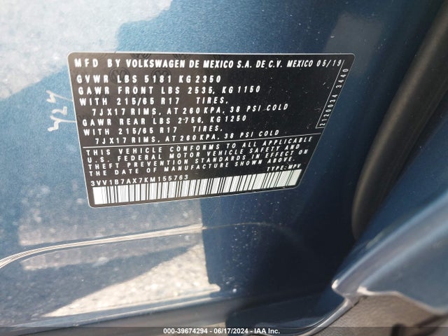 3VV1B7AX7KM155763 Volkswagen Tiguan 2.0t S