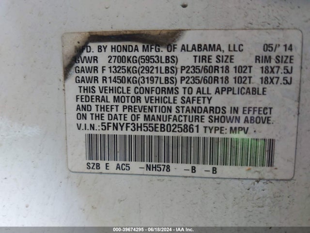 Honda Pilot Ex-l 2014 5FNYF3H55EB025861 Image 9
