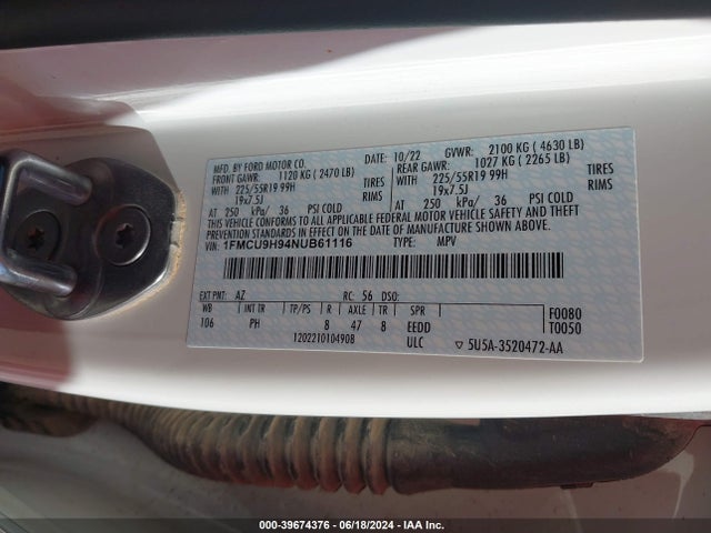 Ford ESCAPE SEL 2022 1FMCU9H94NUB61116 Image 9