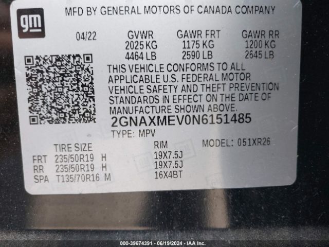 2GNAXMEV0N6151485 Chevrolet Equinox Fwd Rs
