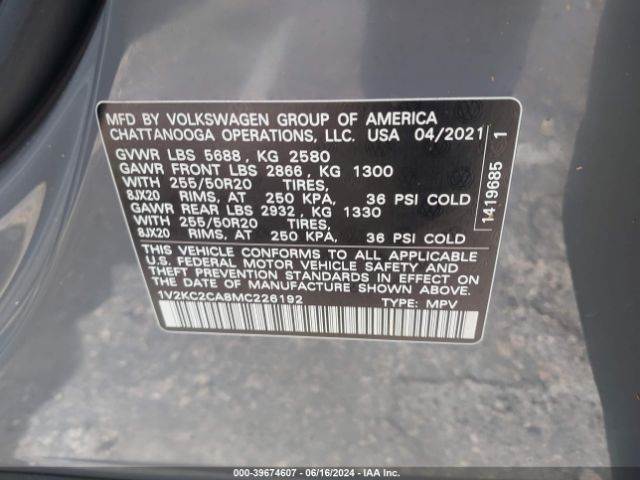 1V2KC2CA8MC226192 Volkswagen Atlas Cross Sport 2.0t Se W/technology