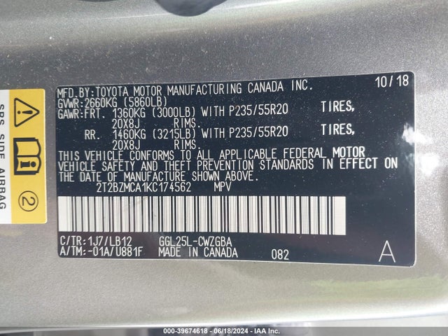 2T2BZMCA1KC174562 Lexus RX 350