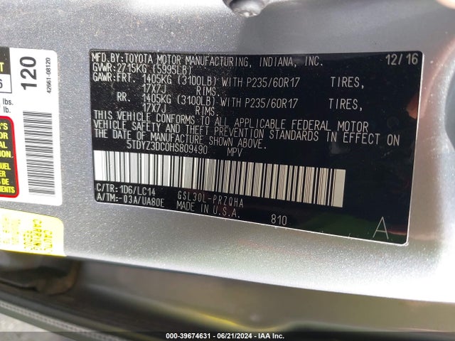 Toyota Sienna Xle 8 Passenger 2017 5TDYZ3DC0HS809490 Image 9