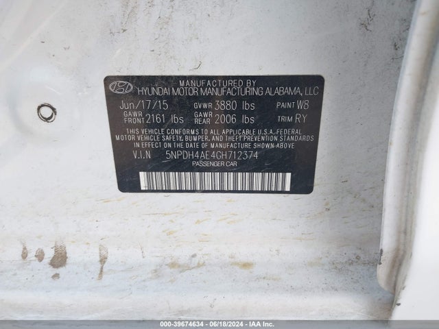 Hyundai Elantra Limited 2016 5NPDH4AE4GH712374 Image 9