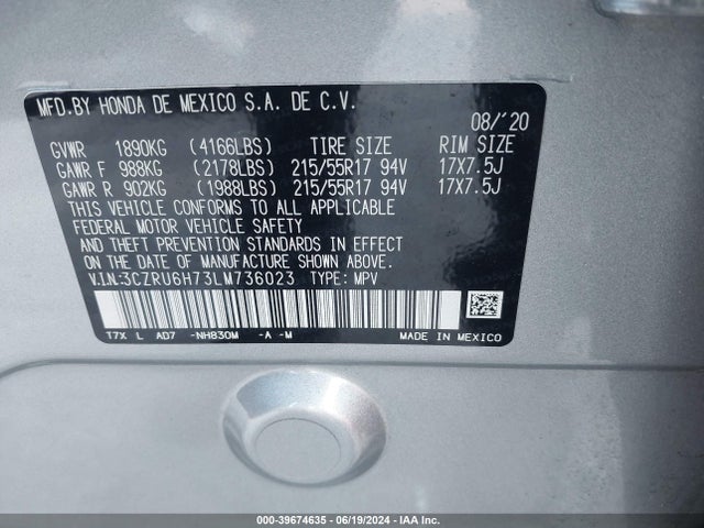 Honda Hr-v Awd Ex-l 2020 3CZRU6H73LM736023 Image 9