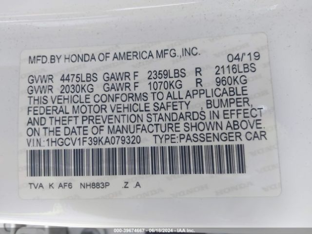 1HGCV1F39KA079320 Honda Accord Sport
