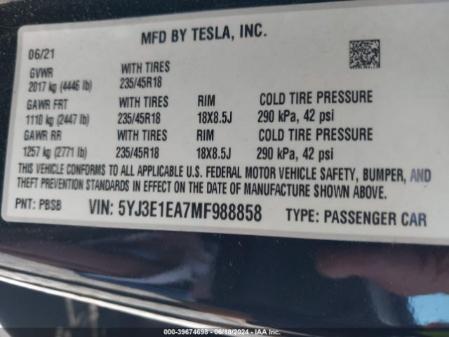 5YJ3E1EA7MF988858 Tesla Model 3 Standard Range Plus Rear-wheel Drive