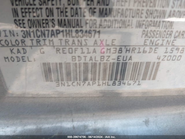 Nissan Versa 1.6 Sv 2017 3N1CN7AP1HL834671 Image 9