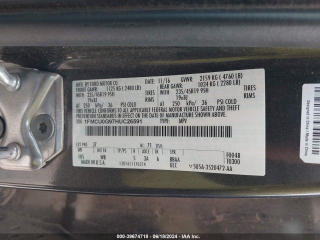Ford ESCAPE SE 2017 1FMCU0G97HUC26591 Image 9