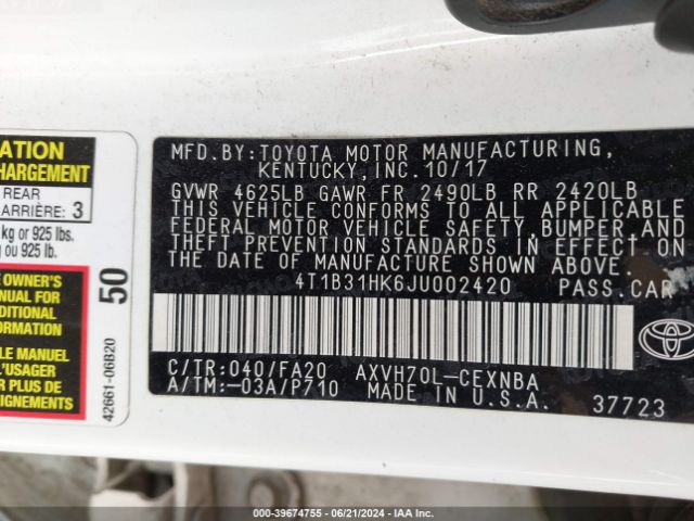 4T1B31HK6JU002420 Toyota Camry Hybrid Le