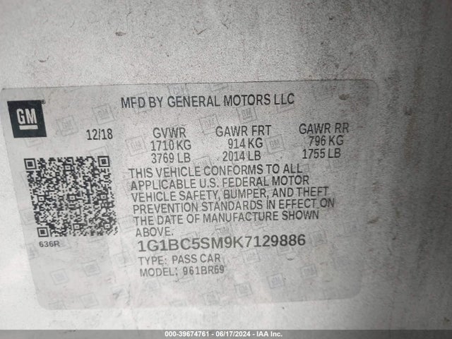 Chevrolet CRUZE LS 2019 1G1BC5SM9K7129886 Image 9
