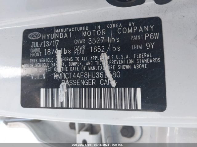 KMHCT4AE8HU361580 Hyundai Accent Value Edition