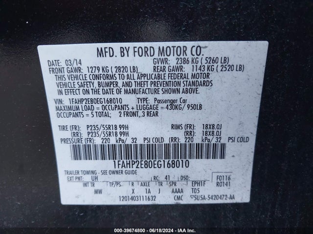Ford TAURUS SEL 2014 1FAHP2E80EG168010 Image 9