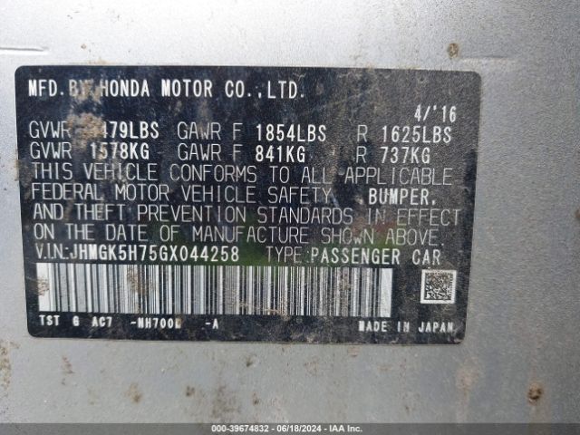 JHMGK5H75GX044258 Honda FIT EX