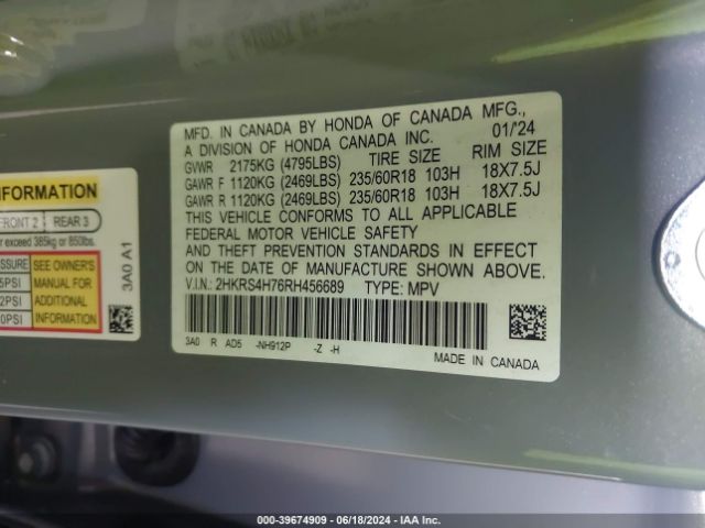 2HKRS4H76RH456689 Honda Cr-v Ex-l Awd