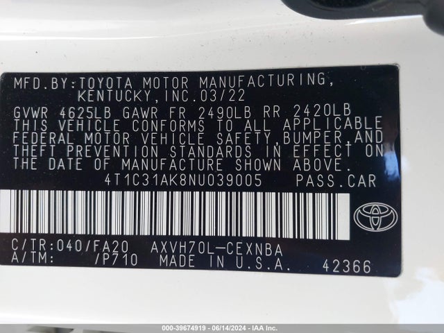 Toyota Camry Le Hybrid 2022 4T1C31AK8NU039005 Image 9