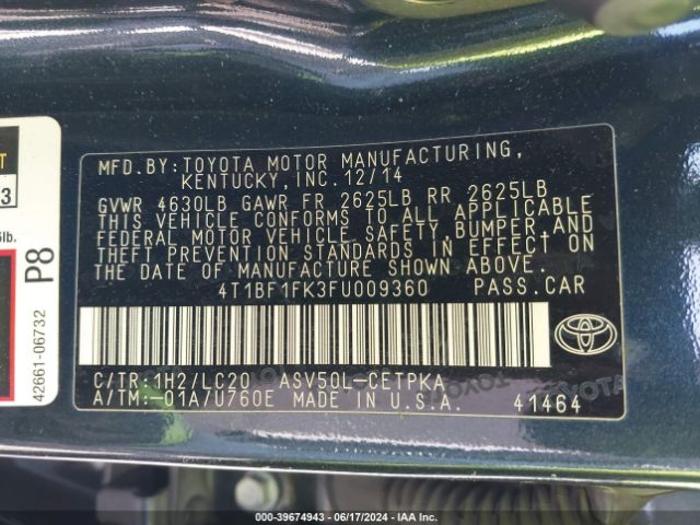 4T1BF1FK3FU009360 Toyota CAMRY XSE