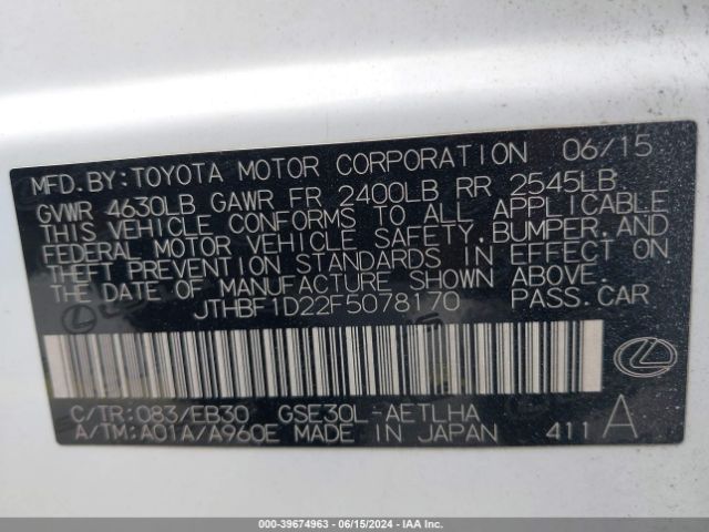 JTHBF1D22F5078170 Lexus IS 250