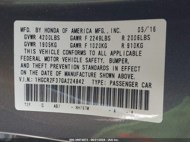 Honda ACCORD LX 2016 1HGCR2F37GA224842 Image 9