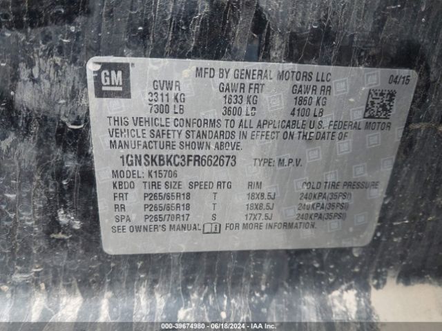 1GNSKBKC3FR662673 Chevrolet Tahoe Lt