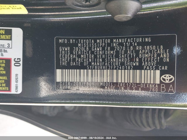 Toyota COROLLA LE 2015 5YFBURHE2FP240182 Image 9