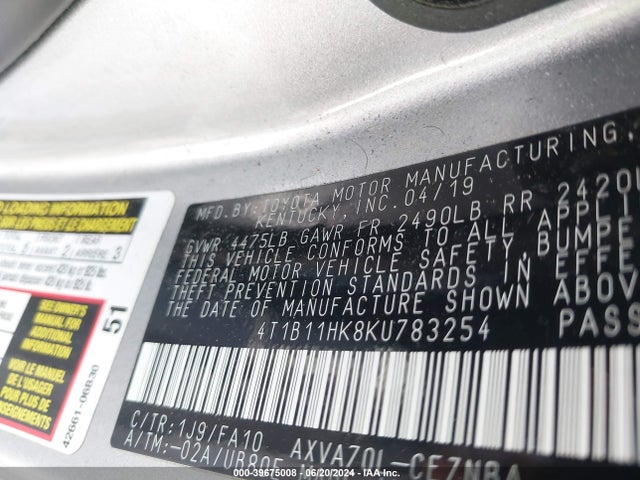 Toyota CAMRY LE 2019 4T1B11HK8KU783254 Image 9