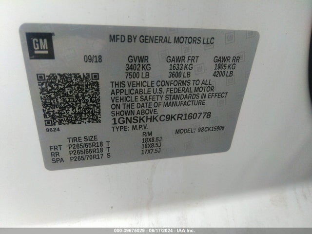 Chevrolet Suburban Lt 2019 1GNSKHKC9KR160778 Image 9