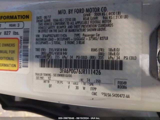 3FA6P0G76JR111426 Ford FUSION S