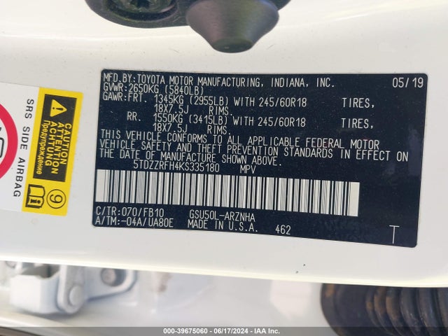 Toyota Highlander Le 2019 5TDZZRFH4KS335180 Image 9