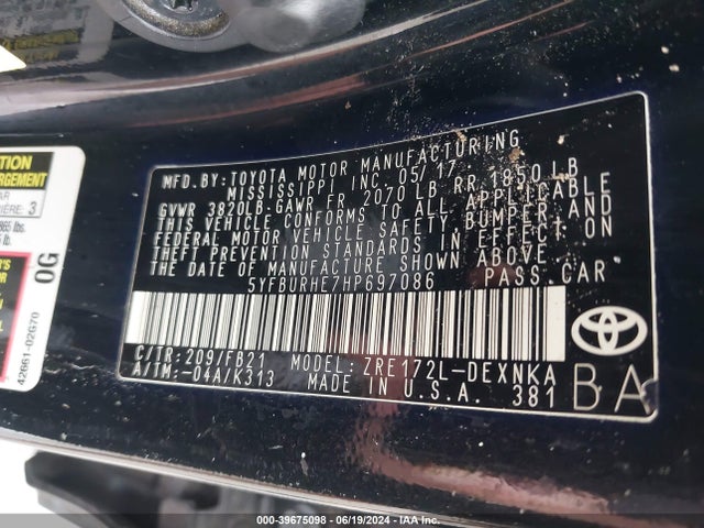 Toyota COROLLA LE 2017 5YFBURHE7HP697086 Image 9