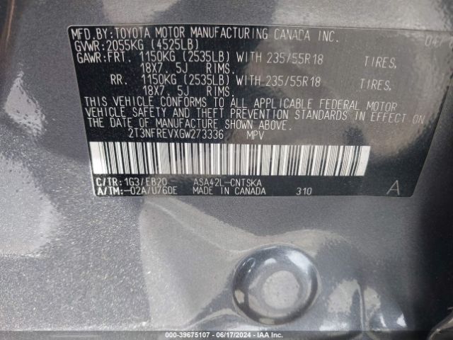 2T3NFREVXGW273336 Toyota RAV4 SE