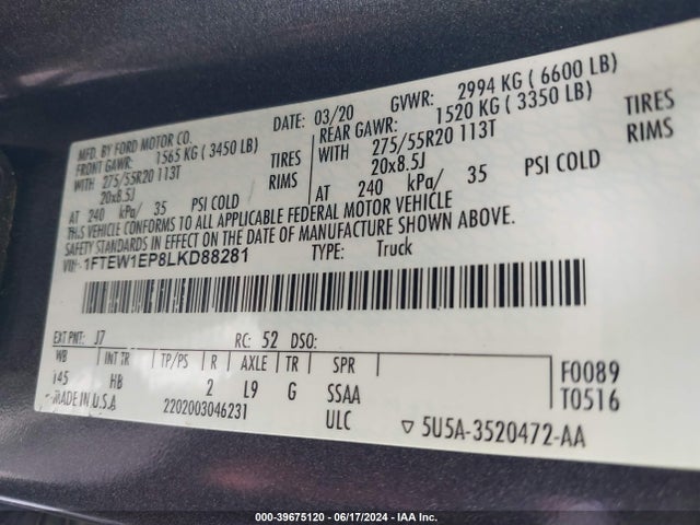 Ford F-150 Lariat 2020 1FTEW1EP8LKD88281 Image 9