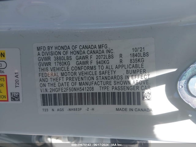 Honda Civic Sport 2022 2HGFE2F50NH541208 Image 9