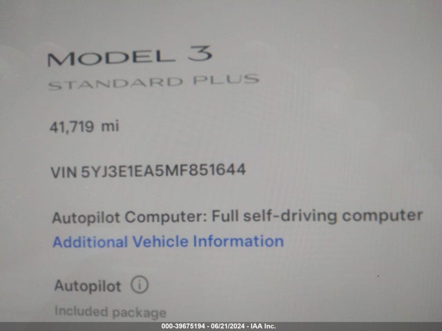 5YJ3E1EA5MF851644 Tesla Model 3 Standard Range Plus Rear-wheel Drive