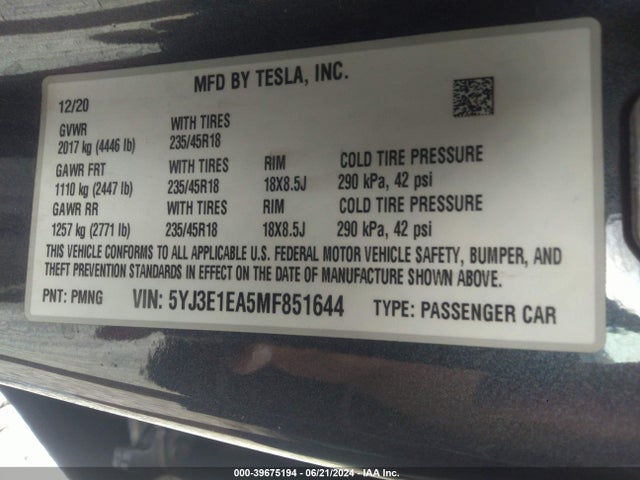 5YJ3E1EA5MF851644 Tesla Model 3 Standard Range Plus Rear-wheel Drive