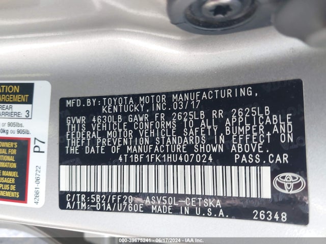 Toyota CAMRY SE 2017 4T1BF1FK1HU407024 Image 9