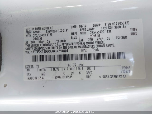 Ford F-150 Xlt 2018 1FTFX1EG3JKC71884 Image 9