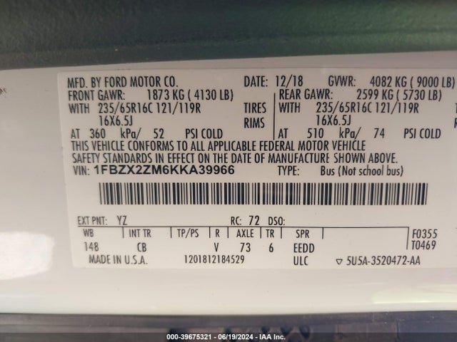 Ford Transit-350 Xlt 2019 1FBZX2ZM6KKA39966 Image 9