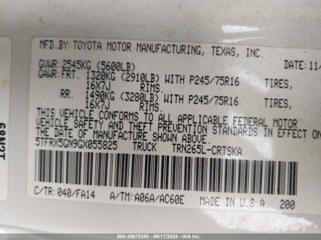 5TFRX5GN9GX055825 Toyota Tacoma Sr