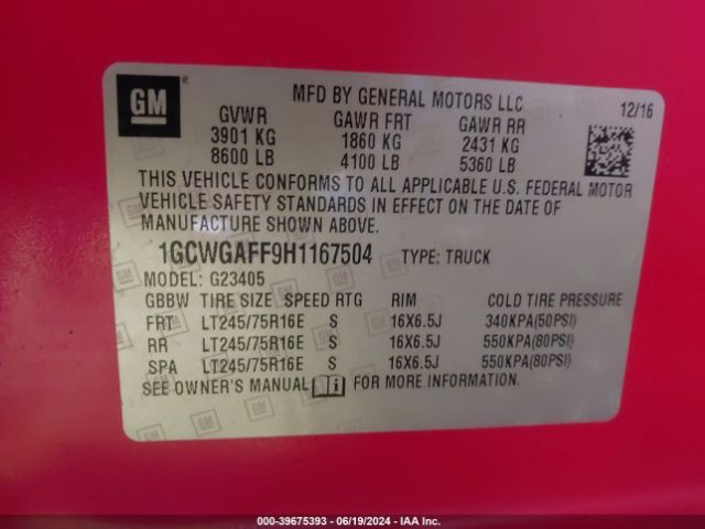 1GCWGAFF9H1167504 Chevrolet Express 2500 Work Van