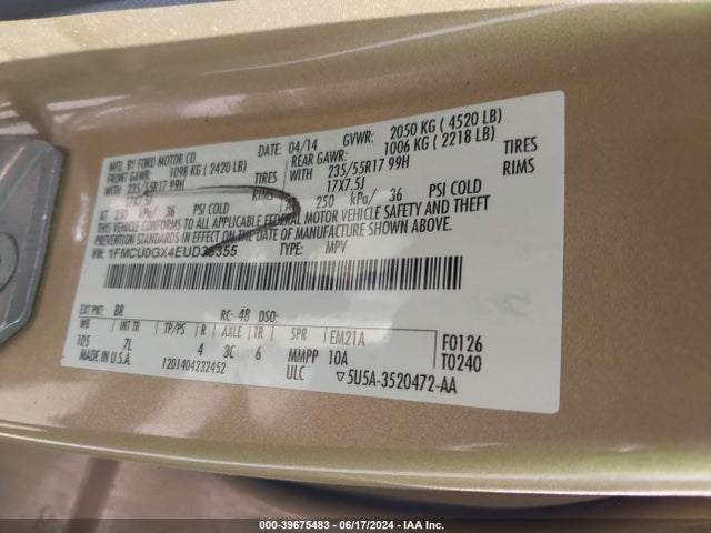 Ford ESCAPE SE 2014 1FMCU0GX4EUD38355 Image 9