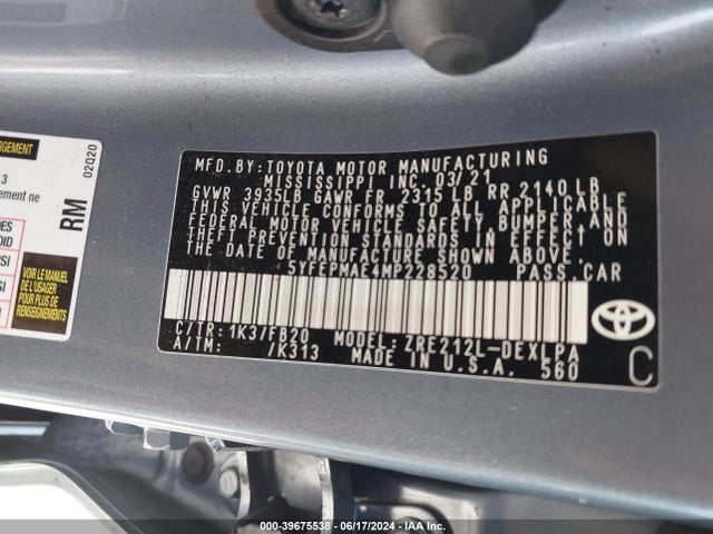 Toyota COROLLA LE 2021 5YFEPMAE4MP228520 Image 9