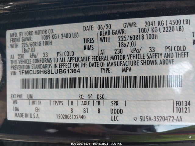 Ford ESCAPE SEL 2020 1FMCU9H68LUB61364 Image 9