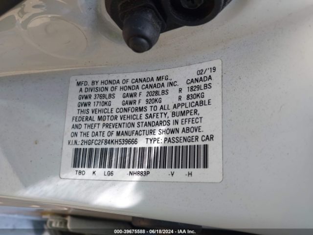 2HGFC2F84KH539666 Honda Civic Sport