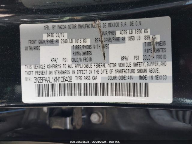 3MZBPAAL1KM106408 Mazda Mazda3 Select Package